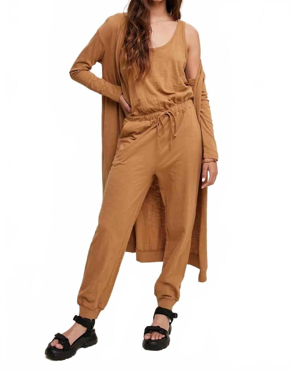 NEW LISTICLE jumpsuit and long cardigan set in carmel